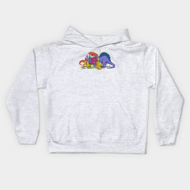 Dinosaurs are all friends and a chicken Kids Hoodie by Ostemo Stephane Meury